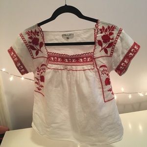 White Madewell Blouse with Red Floral Embroidery